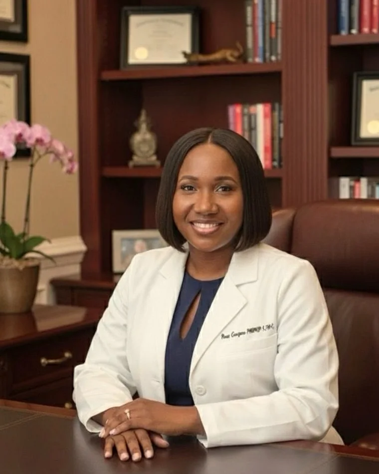 Rose Gaspard, PMHNP-BC, seated at her desk in a warm office, smiling.